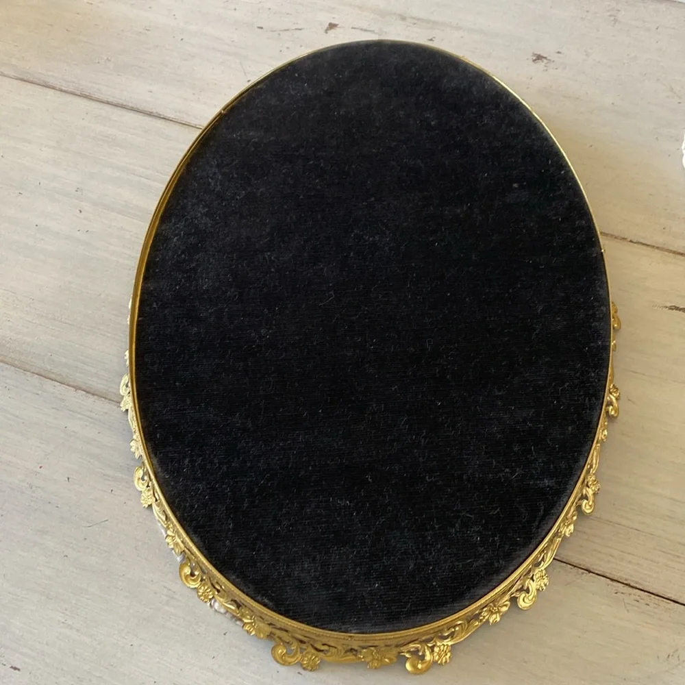 Vintage Oval Gold Metal Floral and Scrolls Vanity Tray - Oval Frame -